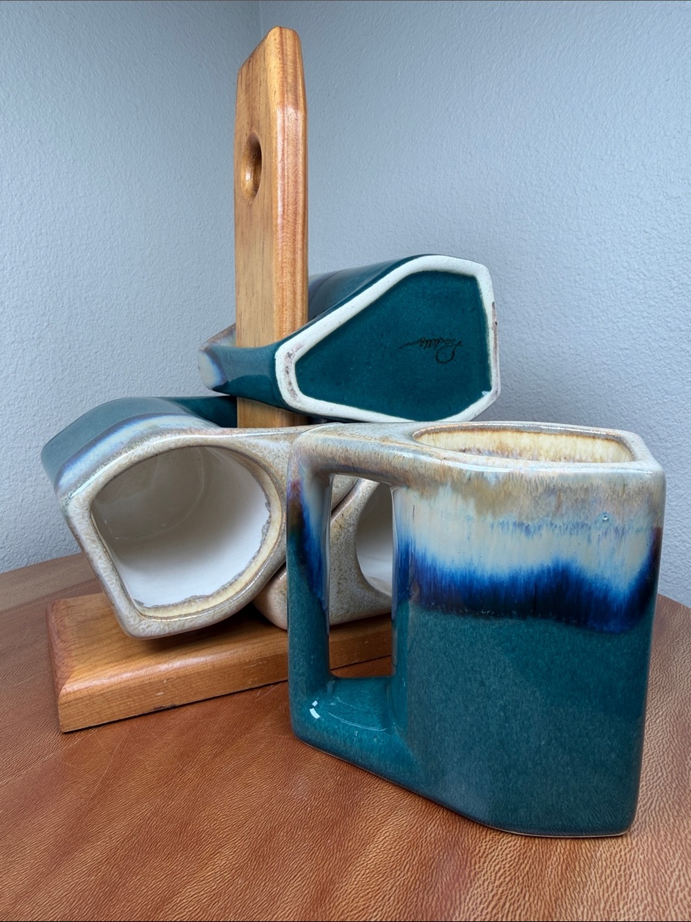 Vtg Padilla Blue Drip Glaze Stacking Signed 4 Coffee Mugs & Wood Stand Mexican